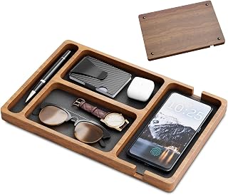 Bandeja de valet para hombres, bandeja de valet de madera con incrustaciones de cuero, organizador de nocturno de compartimento 12x8 para hombres mujeres, captura todo bandeja para llaves, teléfono,