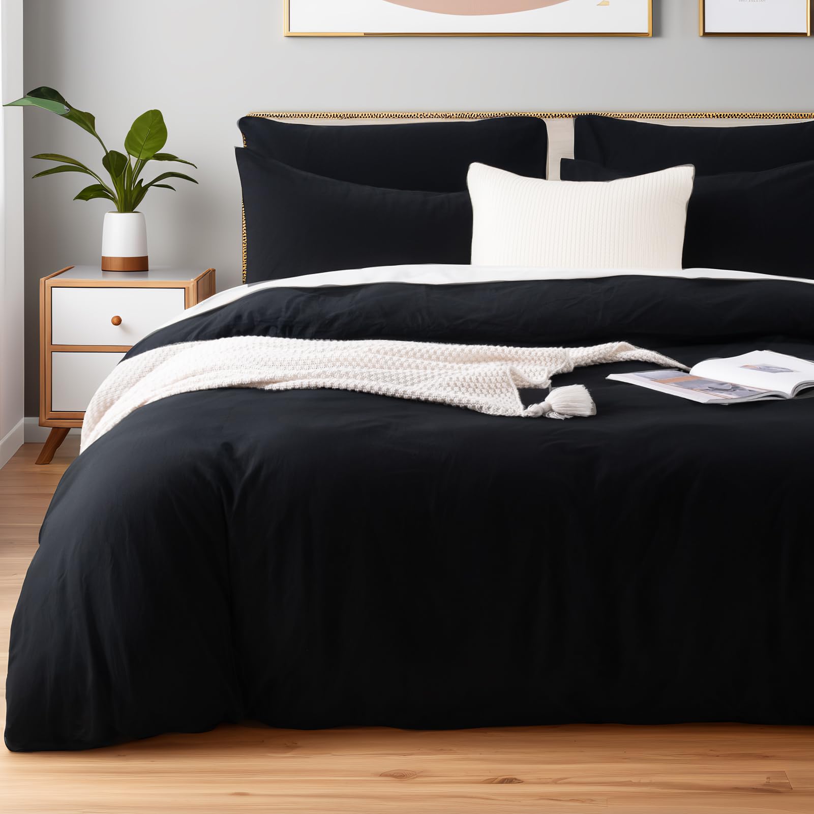 NEXHOME PRO Twin Duvet Cover Set – 100% Certified Organic Cotton with Washed Feel &amp; Linen-Like Texture, Comfortable &amp; Breathable, Home Bedding Set Black (No Comforter)