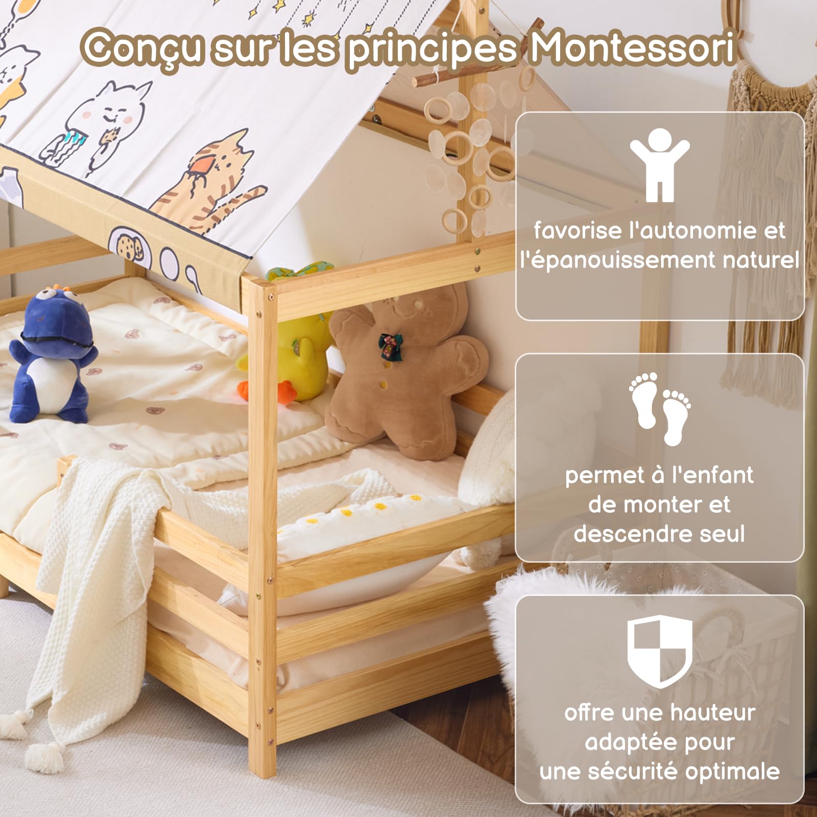 LEADZM Lit cabane Enfant 90x190 cm avec baldaquin en Tissu, sommier à Lattes, barrières de sécurité Enfant Bois en pin Forme de Maison Lit au Sol Montessori (Naturel)