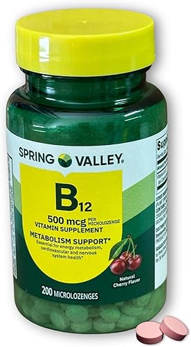 Miniatura 6 de B12 sublingual, apoya el metabolismo energético y la salud del sistema nervioso, Spring Valley 500 mg sabor cereza 200 ct, set con estuche Fusion