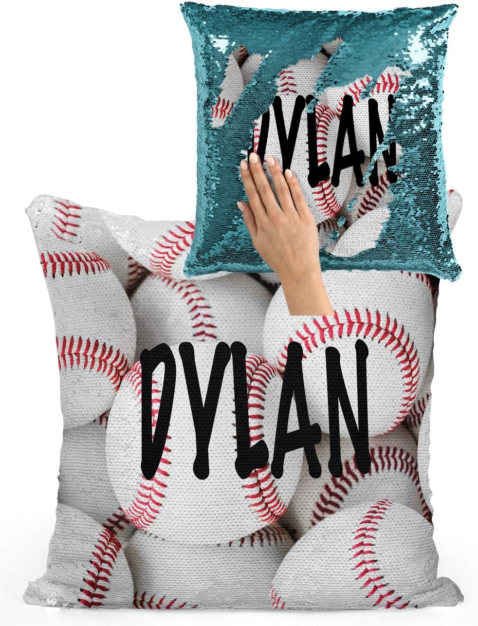 Violet Victoria & Fan Star Personalized Baseball Sequin Mermaid Flip Pillow with Your Name and Number Silver Sequins 16x16 Inches