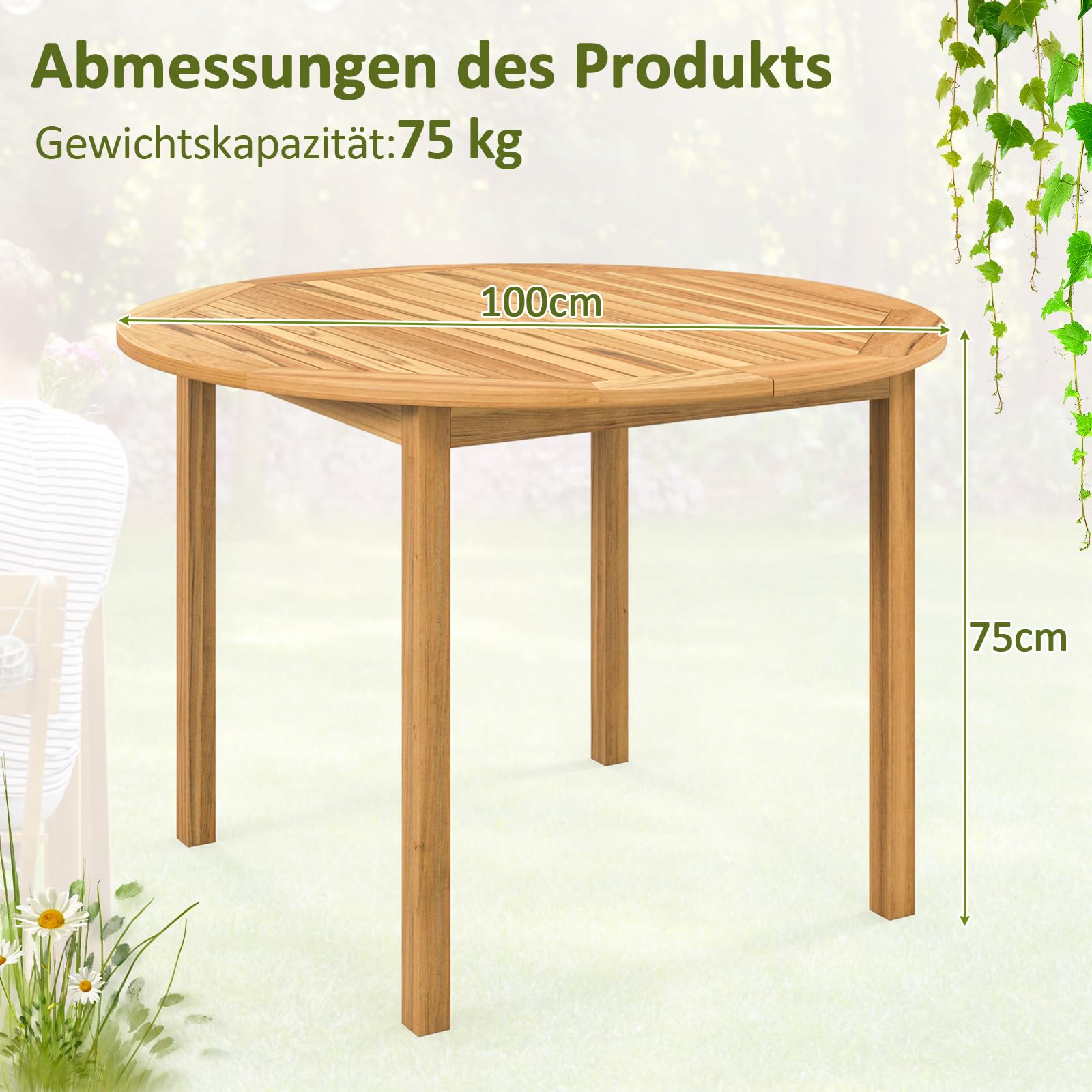 COSTWAY Gartentisch Holz, 100 cm runder Holztisch aus Akazienholz