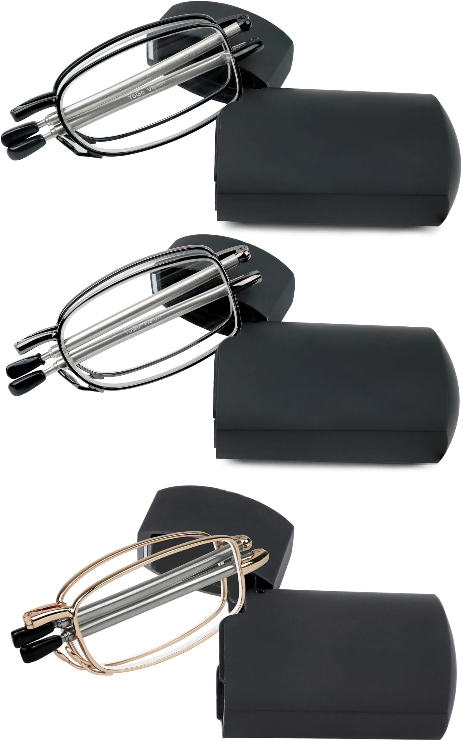 Success Eyewear Reading Glasses 2 Pair Black and Gunmetal Readers Compact Folding Unisex Glasses for Reading Case Included