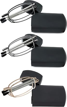 Success Eyewear Reading Glasses 2 Pair Black and Gunmetal Readers Compact Folding Unisex Glasses for Reading Case Included