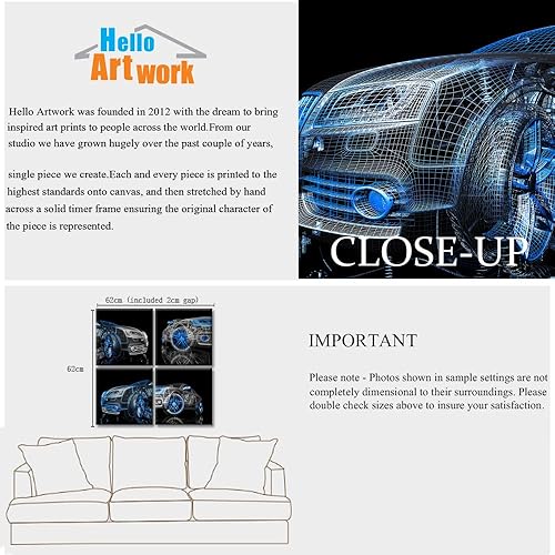 Miniatura 6 de iHAPPYWALL 4 piezas de lienzo moderno para automóvil, arte de pared negro y azul, modelo de automóvil 3D, impresión de imagen genial para