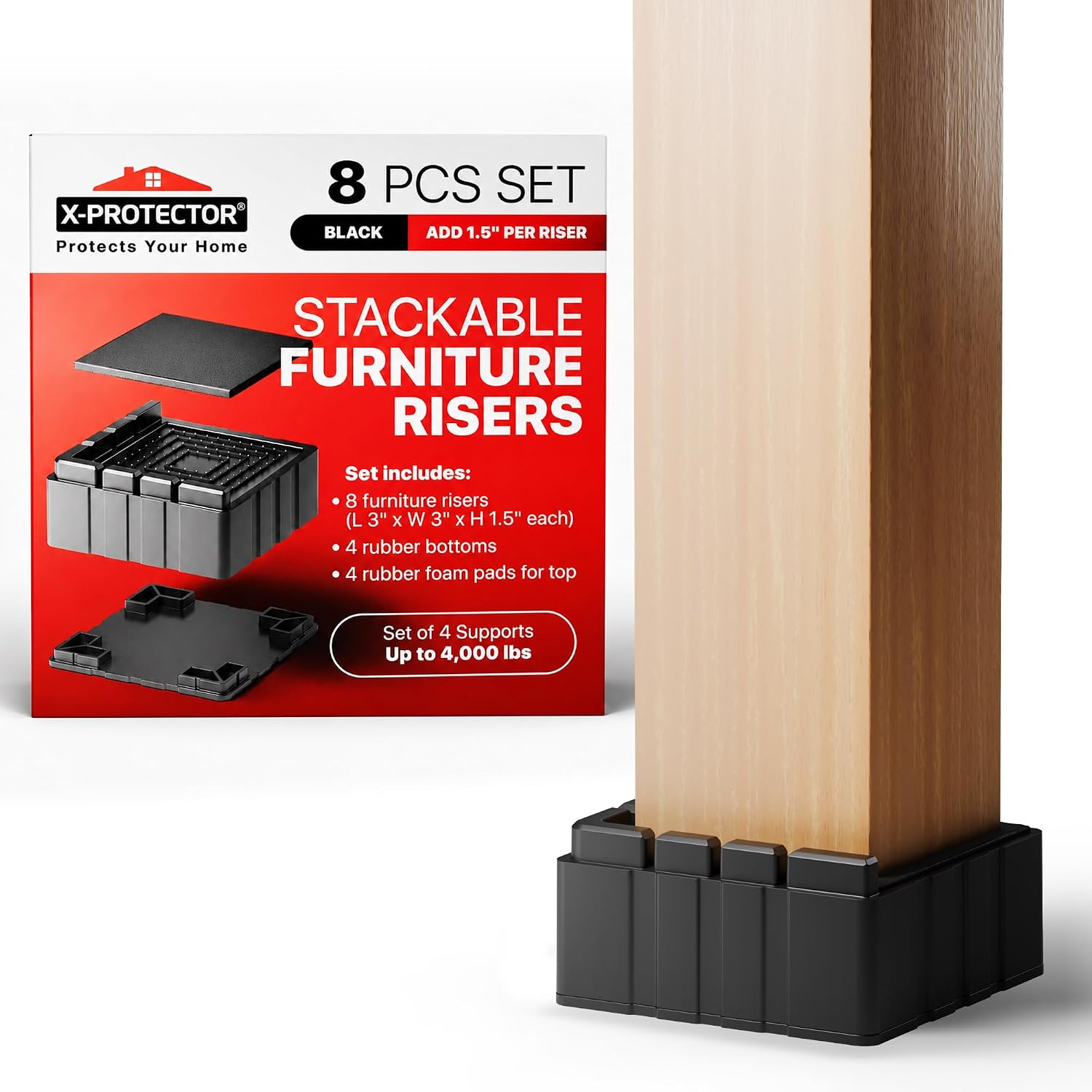 X-Protector Bed Risers, 8 Pcs, Black