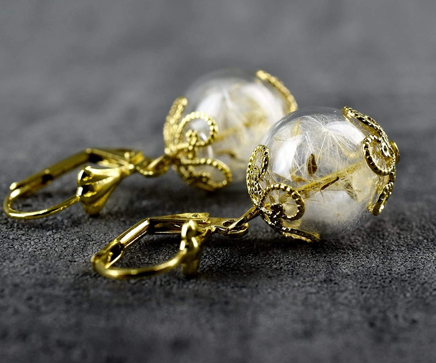 Real Dandelion Earrings - Gold Plated - Lever Back Hooks - Hanging 3cm/1.18inch - Handmade in Germany - Gift Box