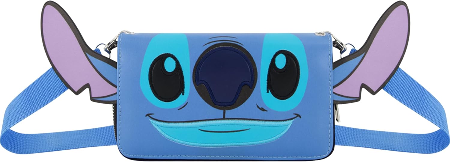 Disney Stitch Crossbody Wallet, Mini Zipper Bag with Adjustable Shoulder Strap and 3D Ears, Blue