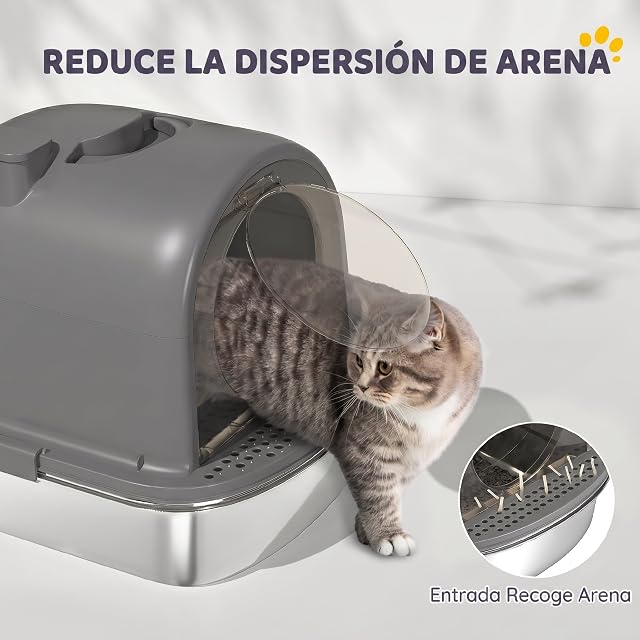 Foto 4 de 8 de PawHut Arenero para Gatos Cubierto de Acero Inoxidable Pala Gris Oscuro