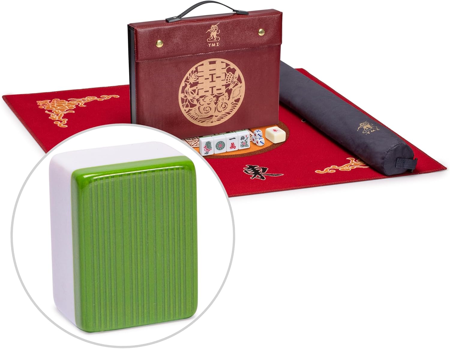 Yellow Mountain Imports Mahjong Bundle - Professional Chinese Mahjong Game Set, “Double Happiness” (Green) and Red 31.1-inch Table Cover