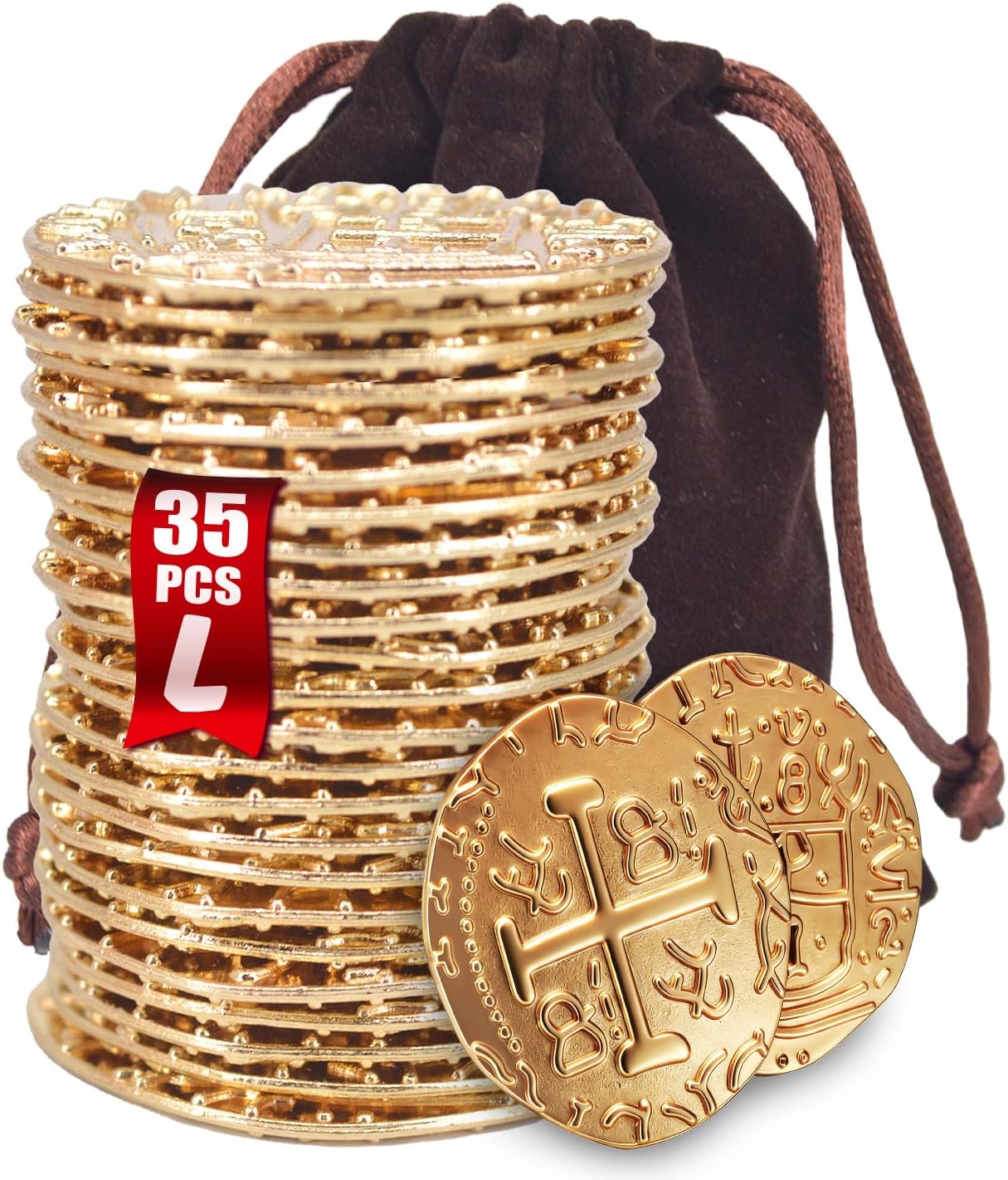 Large Metal Pirate Coins Gold Treasure Coin Set, Metal Replica Spanish Doubloons for Board Games, Tokens, Toys, Cosplay – Realistic Money Imitation for Treasure Chest - Size 1.18" (Gold 200 PCS)