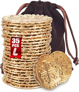 ZUCOS Piraten Münzen Zubehör,Goldmünzen-Set, Metall Goldtaler Deko Dublonen für DND Brettspiele, Cosplay, Realistische Mittelalter Geld-Imitation, Piratenschatz (35 PCS)