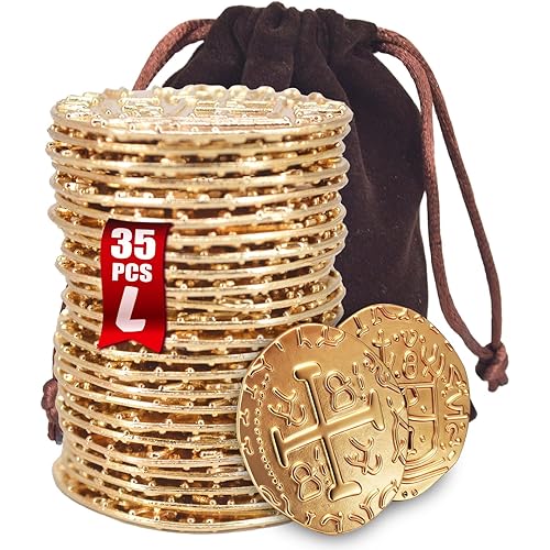 Large Metal Pirate Coins Gold Treasure Coin Set, Metal Replica Spanish Doubloons for Board Games, Tokens, Toys, Cosplay – Realistic Money Imitation for Treasure Chest - Size 1.18" (Gold 35 PCS)