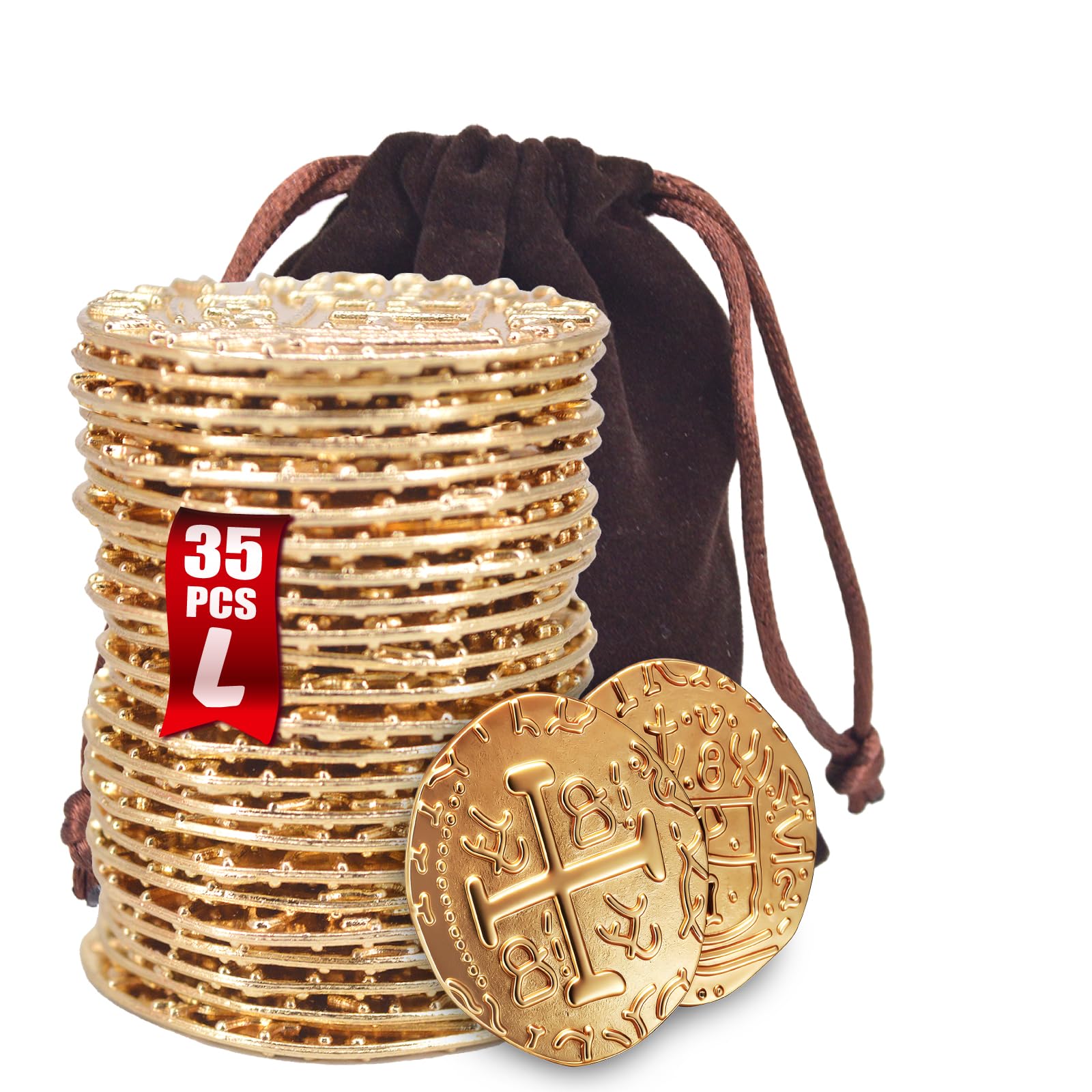ZUCOS Accessori per monete da pirata, set di monete d'oro, in metallo, decorazione per giochi da tavolo DND, cosplay, imitazione di denaro medievale, tesoro dei pirati (35 pezzi)