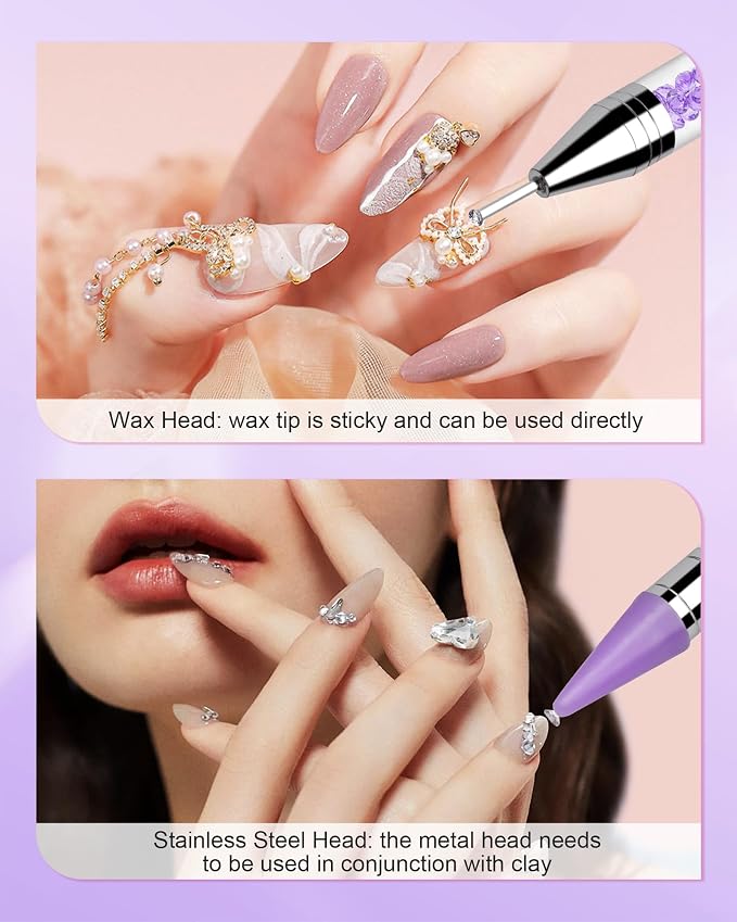 Rhinestone Picker Tool, 2 Rhinestone Dotting Tool Wax Pen Dual-Ended with 4PCS Replaceable Wax Tips and 1 Tweezer for DIY Nail Art Tool (A- Purple) miniatura 6