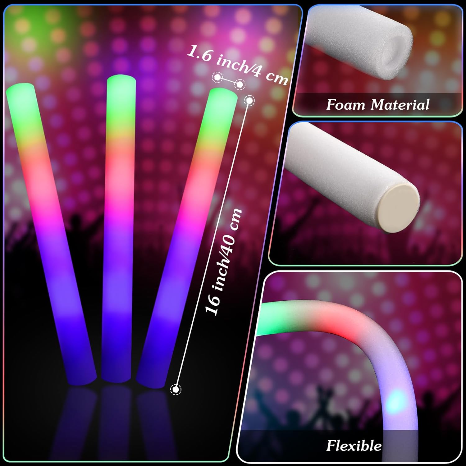 Maitys 72 Pcs Foam Sticks Light up Glasses, Glow in the Dark Sunglasses Foam Sticks LED Glasses Light up Supplies