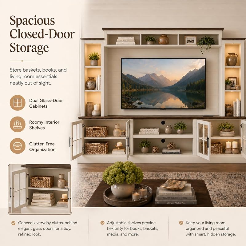 White Farmhouse TV Stand, Entertainment Center, 98" Wall Unit Media Console with Bookshelf, Cabinet & Power Outlets & Barn Doors, Fits TVs Up to 75” for Living Room image 7