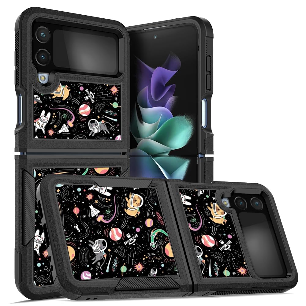 Case for Samsung Z Flip 4 Space Cat Galaxy Z Flip 4 Phone Cases 2 in 1 Zflip4 Heavy Duty Cover Silicone Hockproof Protection Cover for Samsung Galaxy