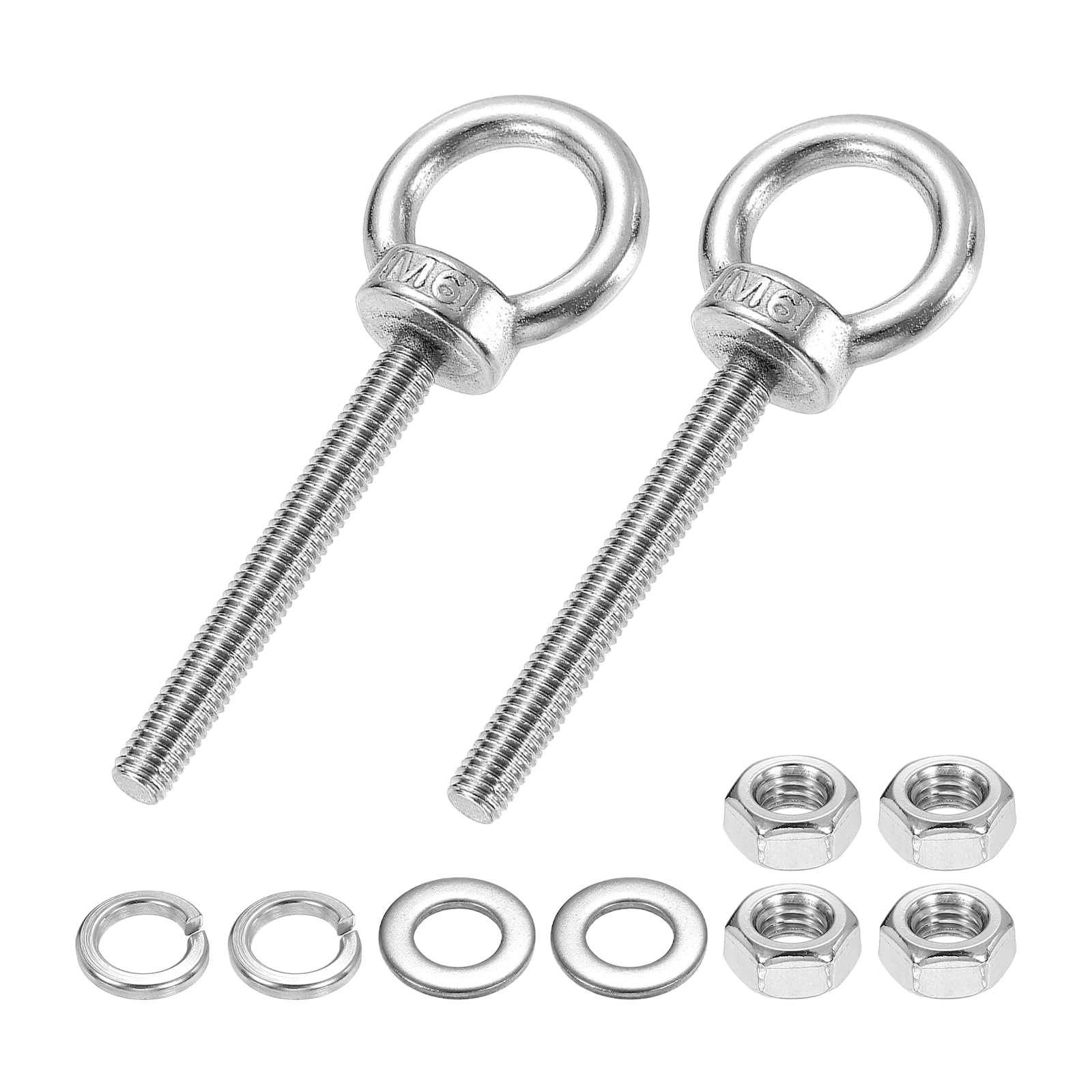 PATIKIL M6 x 50mm Eye Bolt, 2Pcs 304 Stainless Steel Thread Lifting Ring Set Shoulder Eyebolt with Lock Nuts Flat Washers for Hanging Hammocks Articles, Silver