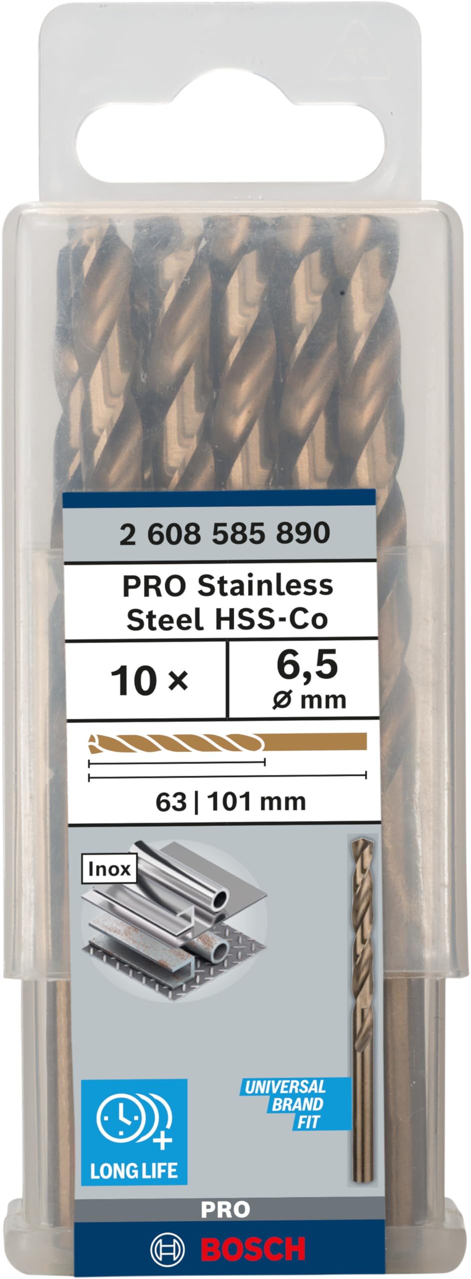 Bosch 10x Punta per metallo PRO Stainless Steel HSS-Co (per Acciaio, Acciaio inossidabile, Ø 6,50 mm, Professional Accessorio Trapano/avvitatori rotanti)