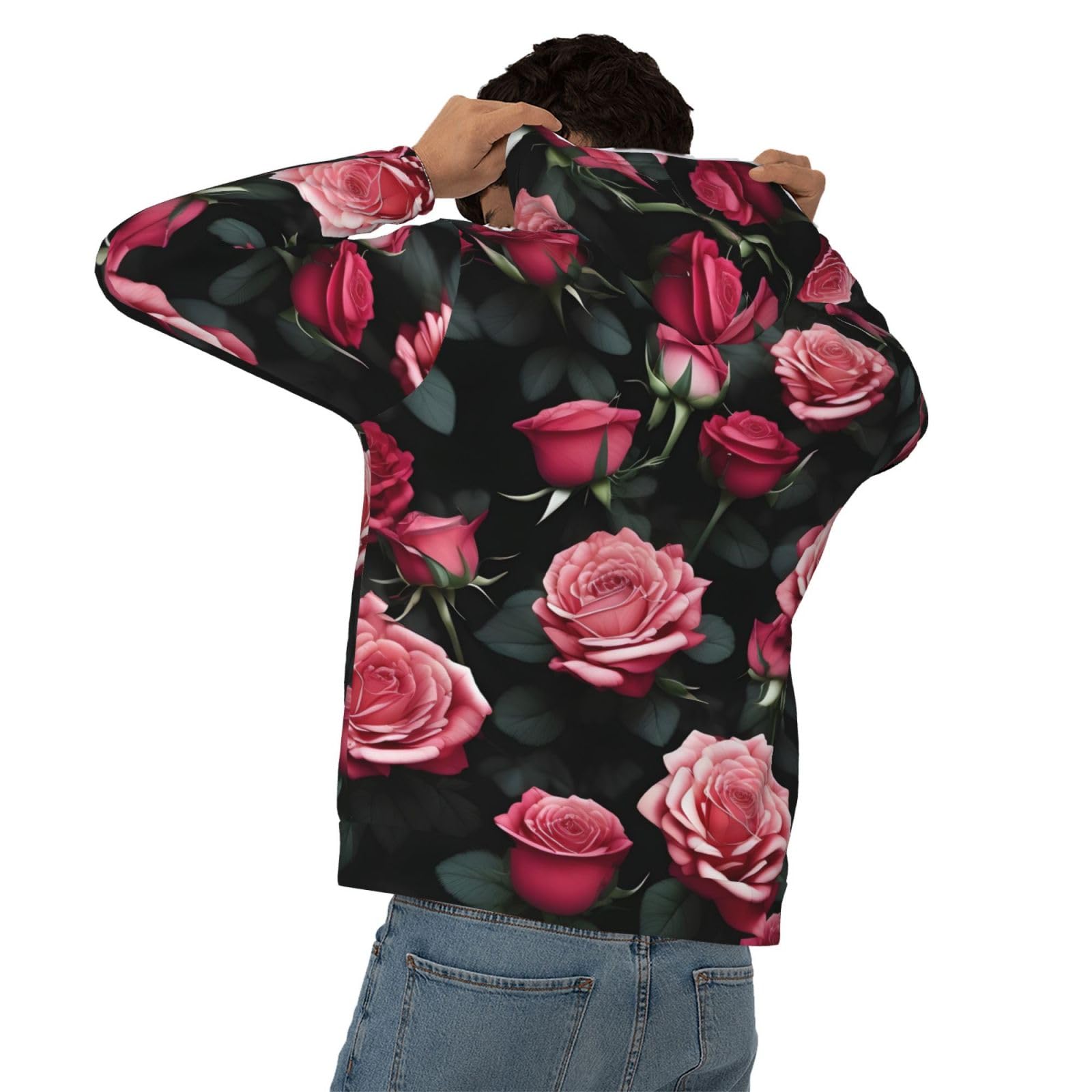 Męska bluza z kapturem z kwiatem róży z wieloma nadrukami, casualowa grafika z nadrukiem bluzy z kapturem z kieszenią