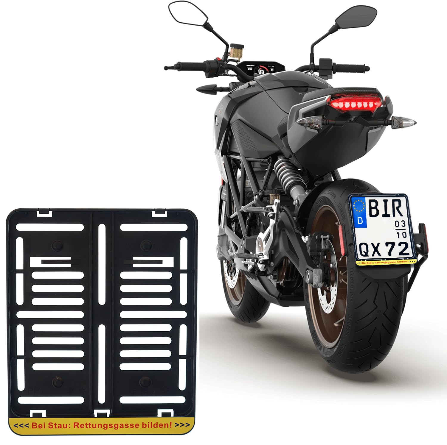 1x Kennzeichenhalter DE Für Kennzeichen im Format 180 x 200 mm 18 x 20 cm (für Motorrad Roller) BEI Stau : RETTUNGSGASSE BILDEN Gelb