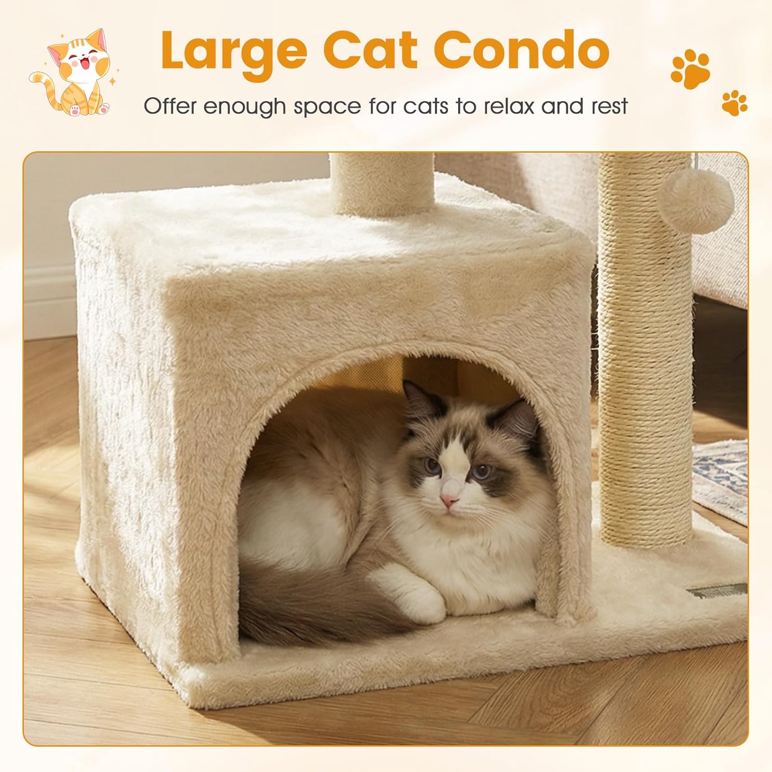 PETSITE 19.5-inch Small Cat Tree, with Sisal Scratching Post, Interactive Hanging Ball, Comfy Condo, and Spacious Top Perch, Ideal for Indoor Cats and Kittens (Beige)