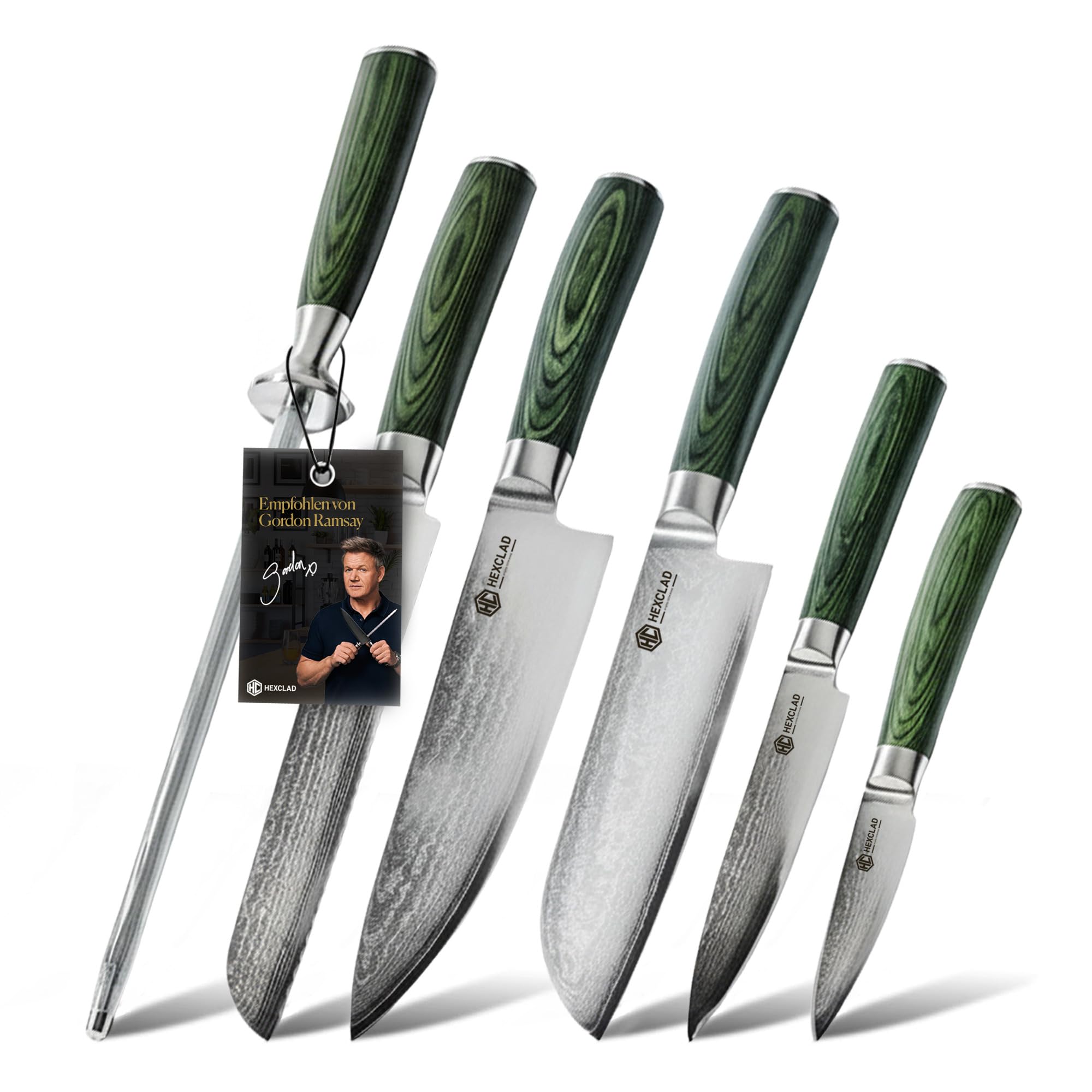 HexClad Essential Damastmesser Set 6-teilig – Küchenmesser aus 67-lagigem Damaststahl – Scharfe japanische Messer mit Pakkaholzgriffen – Vollerl-Konstruktion & Wetzstahl – Profi Küchenmesser Set