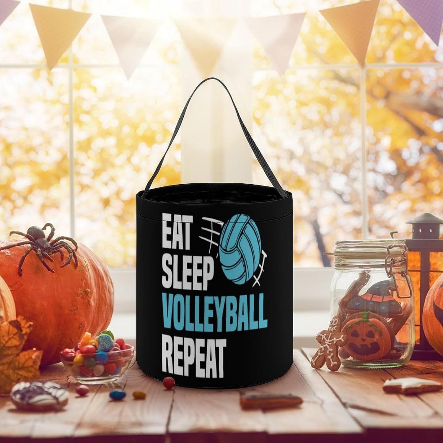 Eat Sleep Volleyball Repeat Halloween Treat Bag Reusable Candy Basket Tote Goody Bags Gift Party