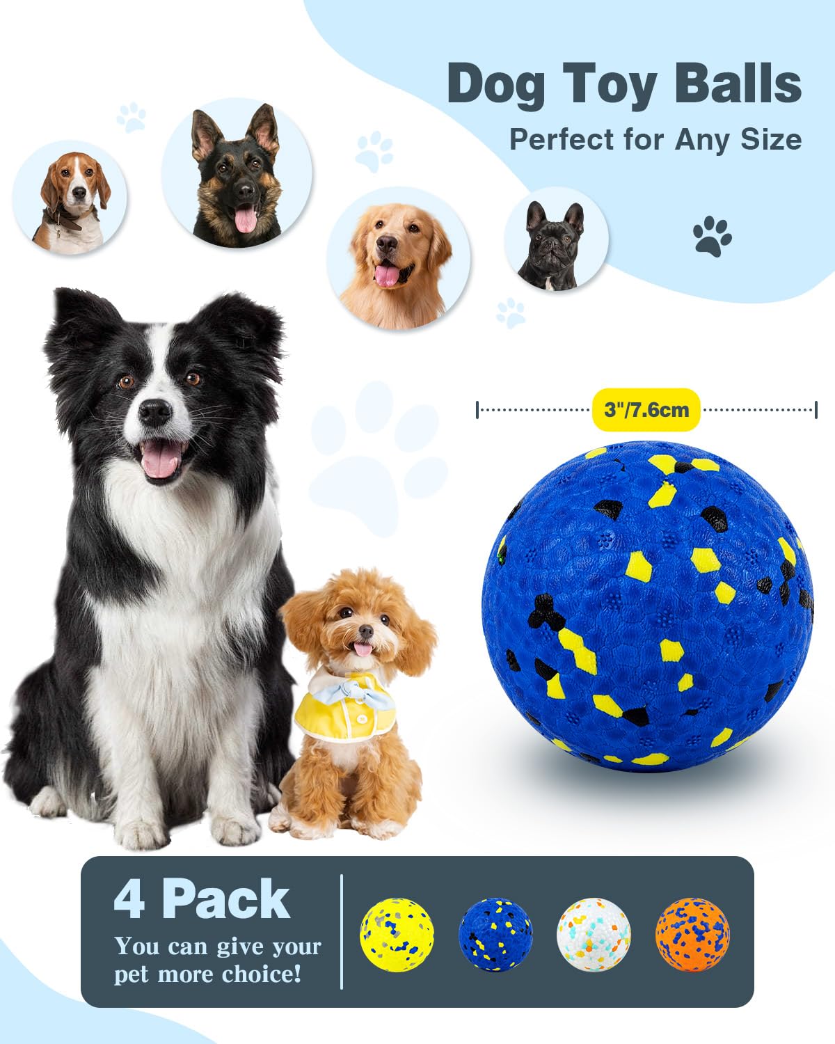 HSIGIO Dog Balls Tennis Ball Toys 4Pack 3''Dog Toys For Aggressive Chewers Indestructible Durable Teething Chew Bouncy Safe Balls Dogs Floating For Water Toy Fetch Pet Ball For Large Medium Small Dogs