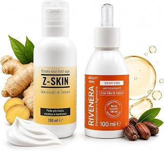 Z-Skin Face Cream 50ml + Rivenera Facial Serum 100ml - Antioxidant Skin Care Set with Hyaluronic Acid, Coenzyme Q10, Vitamin E and Jojoba Oil - Moisturizing and Stretching Facial Routine