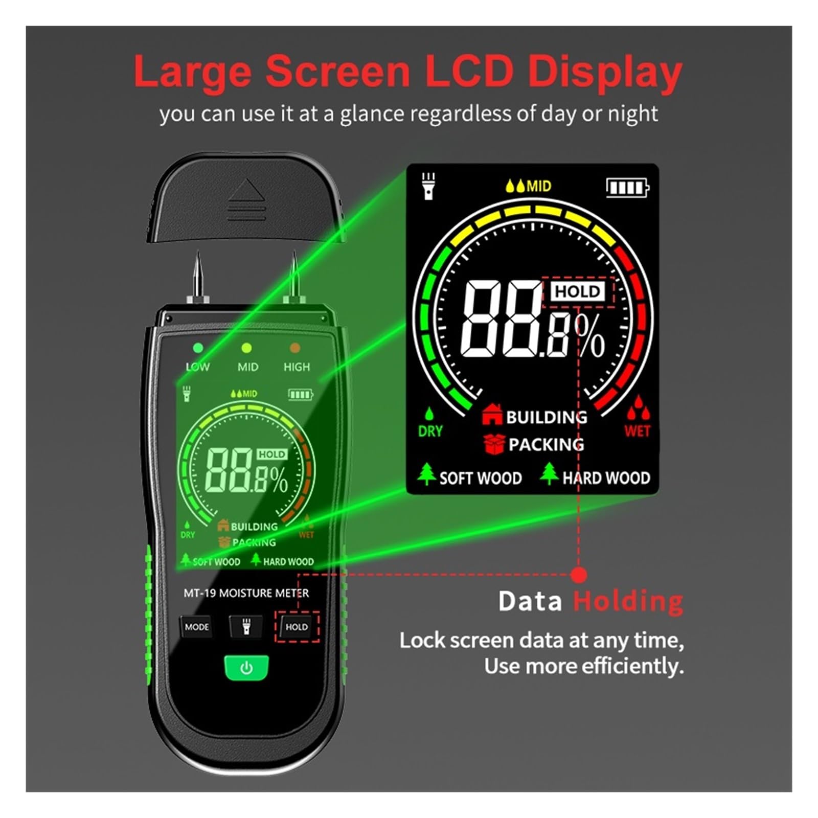 Digitales Holzfeuchtemessgerät MT19C Tester Hygrometer Detektor LCD Taschenlampe Ziegel