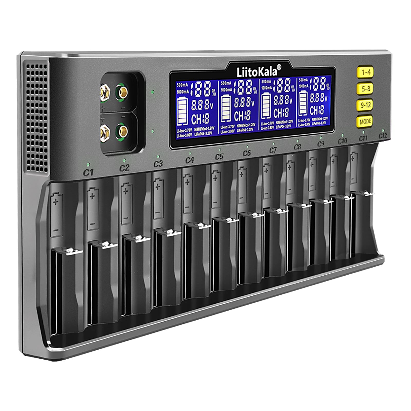 Szybka ładowarka akumulatora LCD 12-gniazdowa uniwersalna IMR/ICR LiFePO4 Ni-MH/Cd 18650 21700 26650