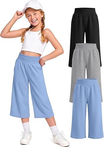 YooAurvox 3 Pack Girls Capri Pants with Pockets,Wide Leg Cropped Casual Pants wi