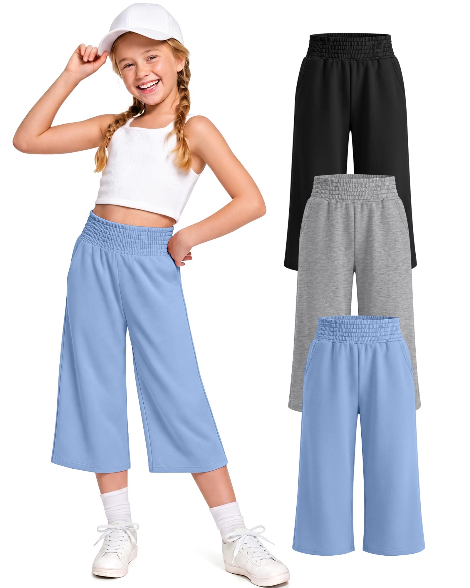 View 1 of *** does not come with the black pair**
YooAurvox 3 Pack Girls Capri Pants with Pockets,Wide Leg Cropped Casual Pants with Elastic Waist for Little & Big Girls 5-14(Light Blue, Light Heather Gray, Black,5-6 Years)