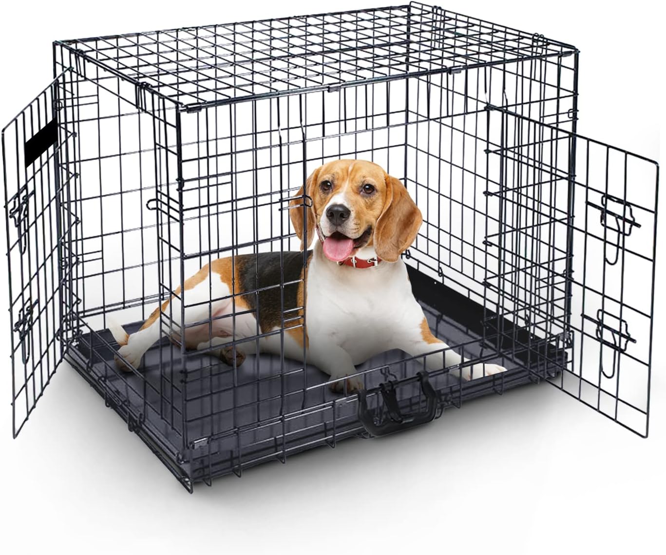 36" Folding Dog Crate for Large Dogs - Heavy-Duty Black Metal Cage with Front & Side Doors, Chew-Resistant Plastic Tray & Carry Handle, Quick Setup (92 × 57 × 63 cm)