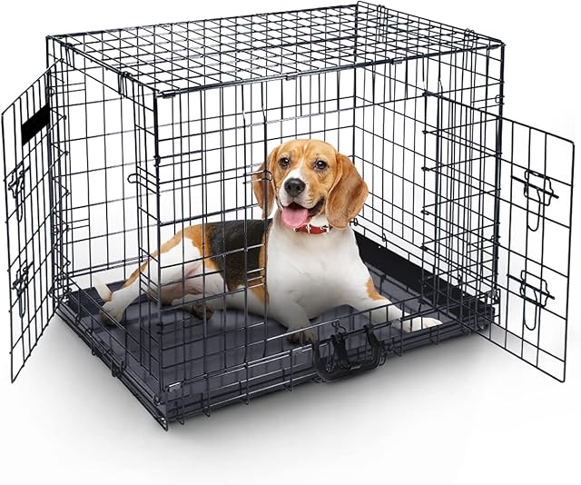 36in Dog Cage Crate  Pet Black Metal Folding Cage with 2 Doors (Front & Side) with Chew Resistant Plastic Base Tray and Carrier Handle  Heavy Duty Box Perfect for Puppy Training (Large)