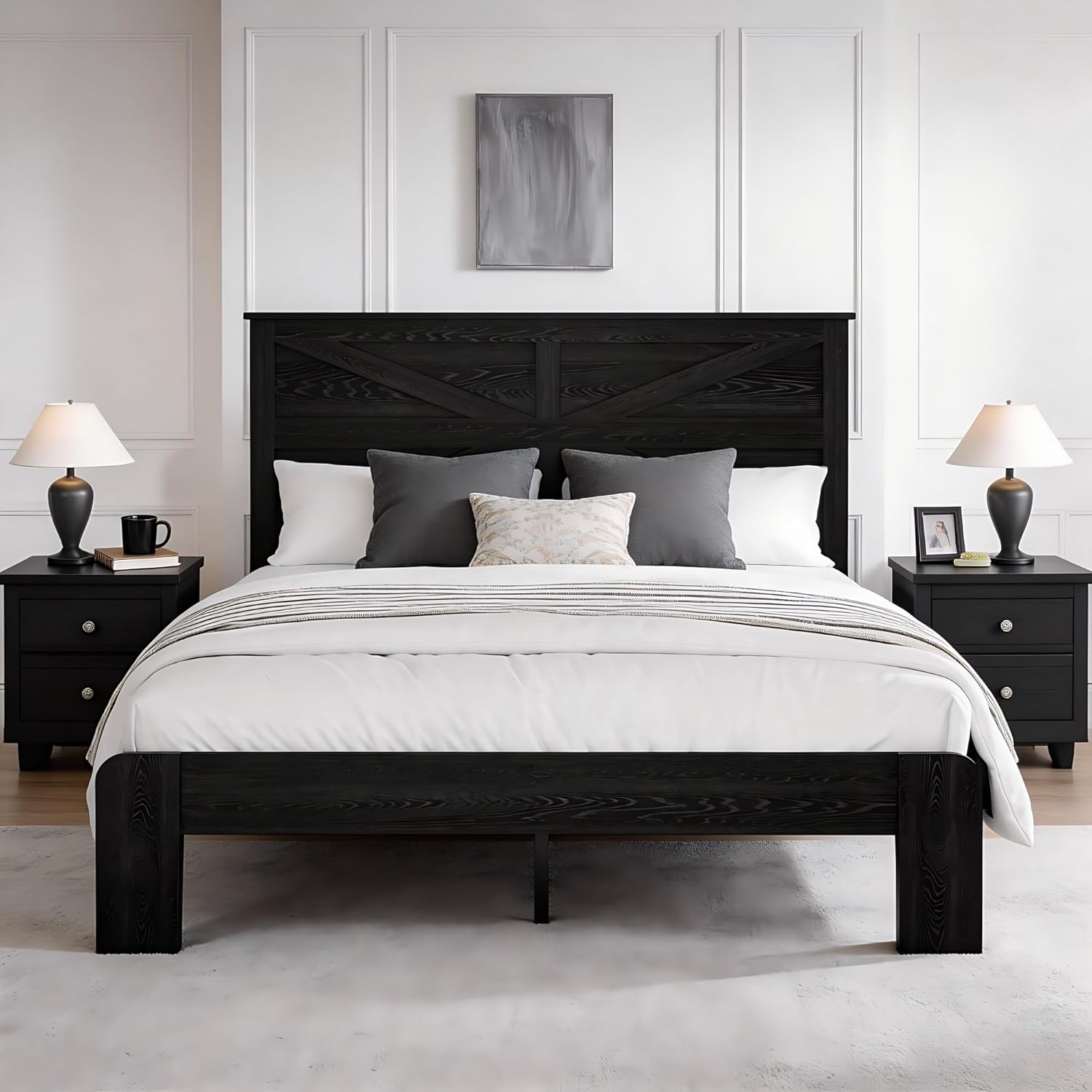 Farmhouse Queen Size Bed Frame with Barn Door Headboard, Wooden Platform Bed with Strong Metal Slat Support, Easy Assembly, Noise-Free, No Box Spring Needed, Rustic Black