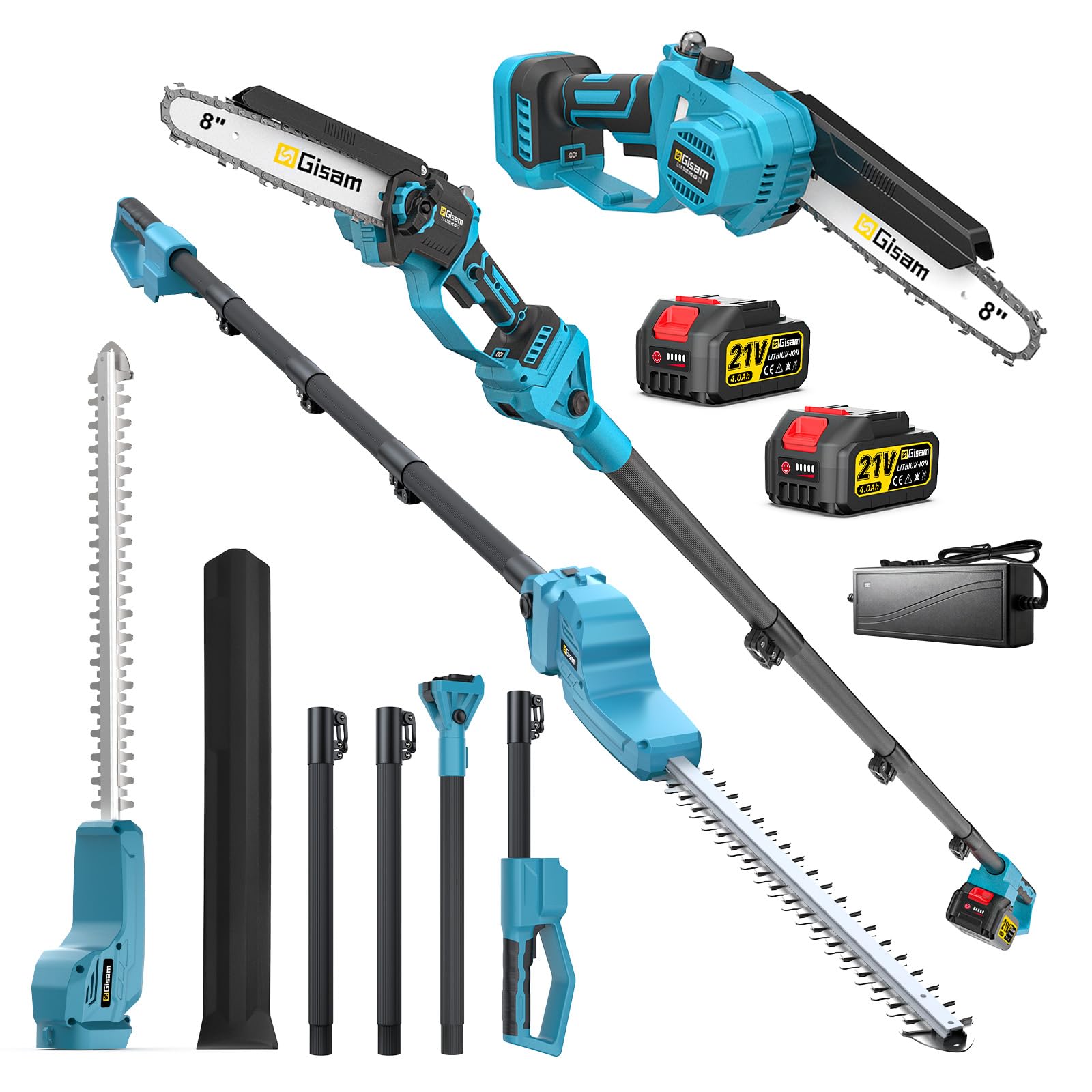 8 Zoll Mini Kettensäge & Akku Heckenschere 4-in-1 Gartenwerkzeug Set,Mit 2×4.0ah Akku,VerläNgerungsstange Bis 4.2m,BüRstenloser Motor,Elektro Heckenschere AstsäGe FüR Baumzweige, Holzschneiden