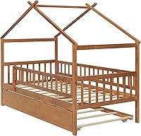 Vista 8 de Harper & Bright Designs Cama Casa Individual con Cama Nido, Marco de Plataforma Individual para Niños con Rieles y Techo, Cama Tienda, Casa