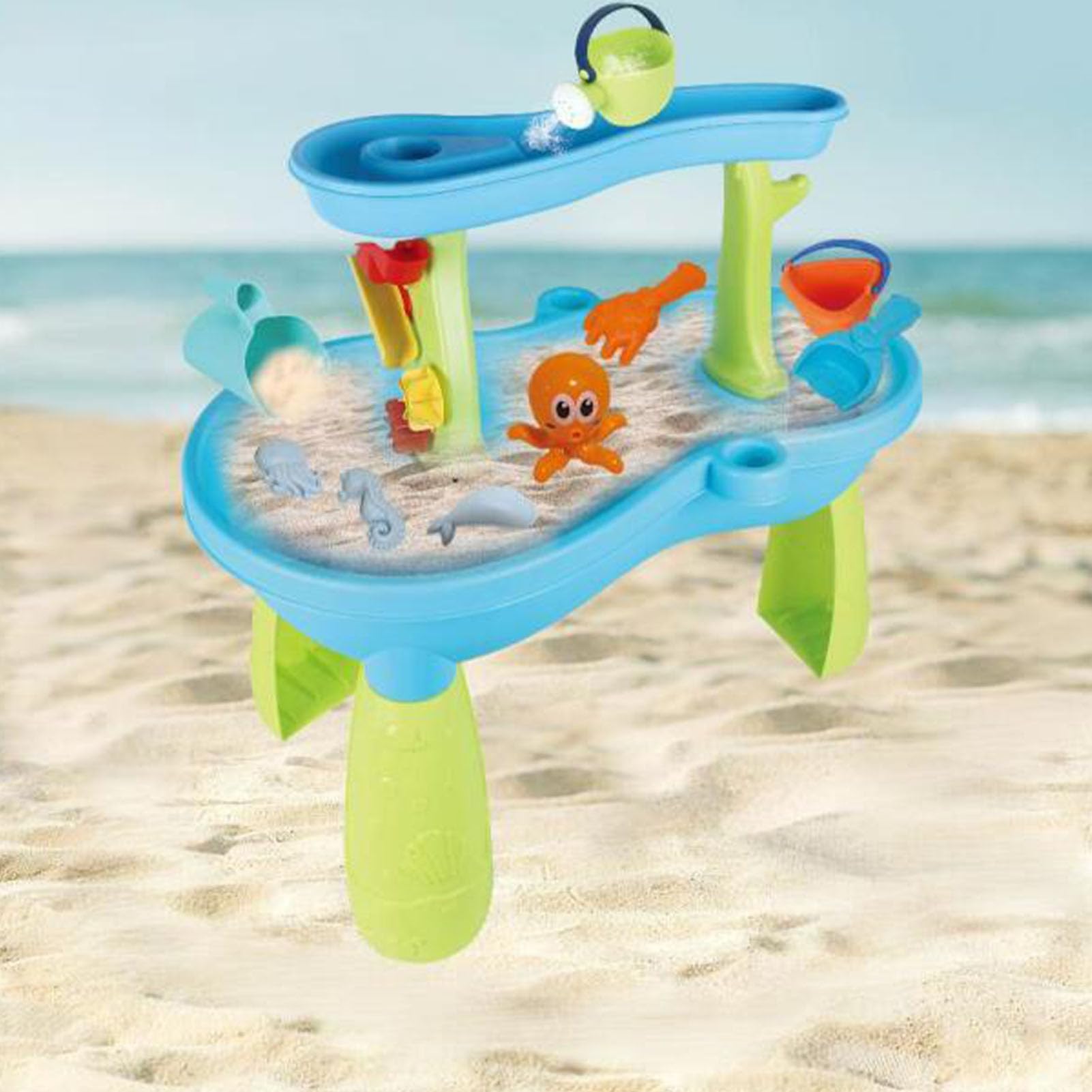 Topiky Sandtisch-Set, Wasser-Sand-Aktivität, Sensorisches Spielset, Sommer-Indoor-Outdoor-Spielzeug für Eltern-Kind-Interaktion, 19-teiliger Strand-Sandkasten mit Schaufeln, Eimern, Formen, Abnehmbar