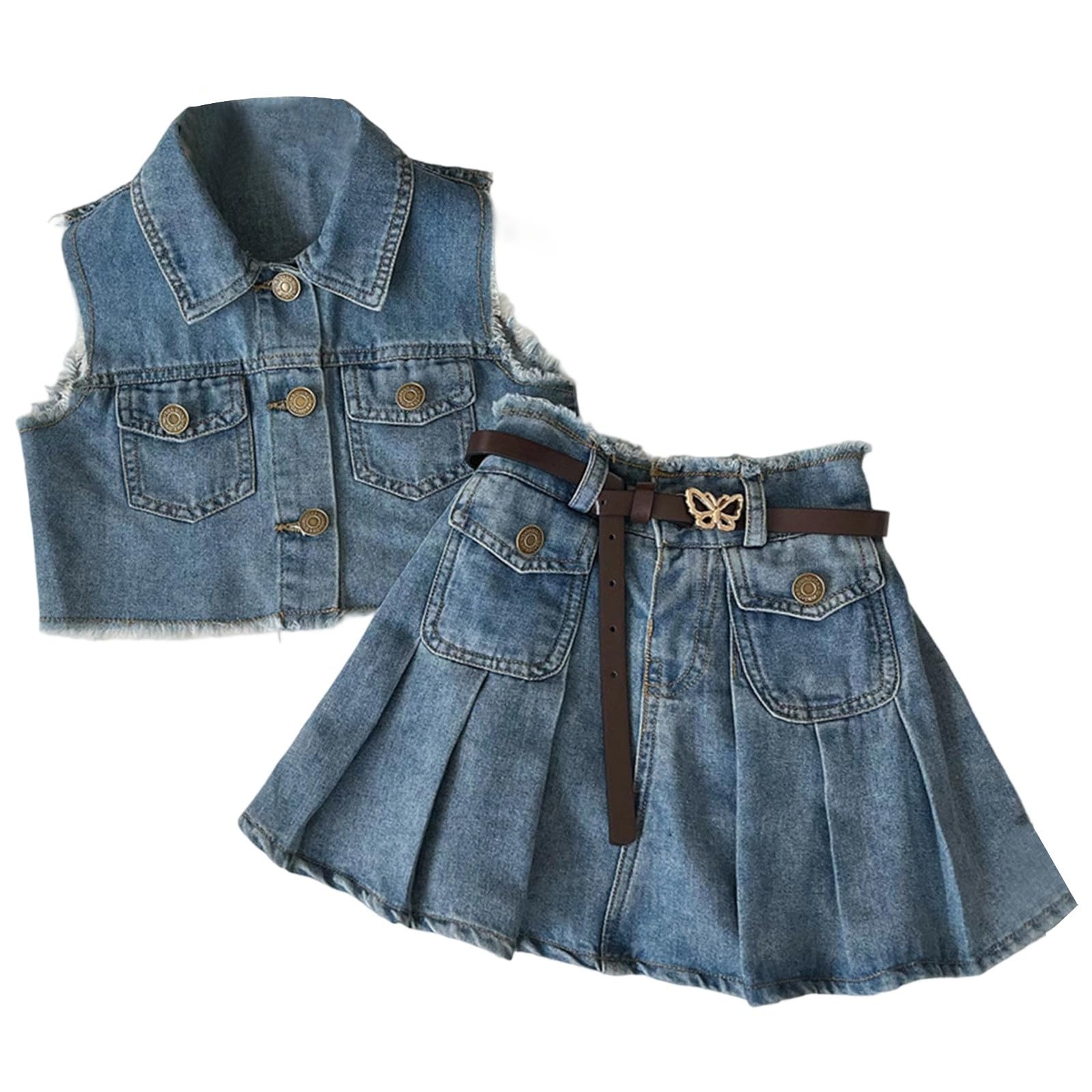 Conjunto de mezclilla de verano para niña de 2 a 8 años, cárdigan sin mangas con flecos y falda plisada, look western moderno 2026.