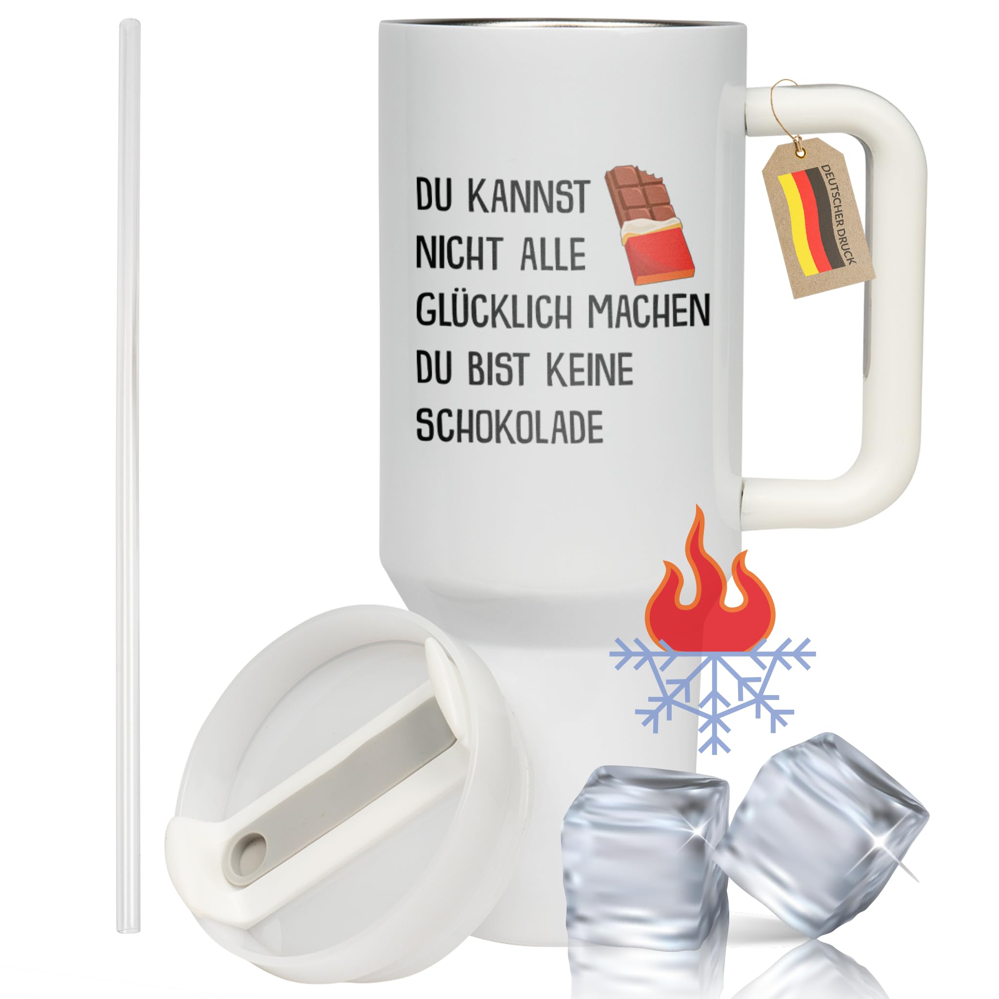 XXL Thermobecher für Frauen, Männer & Kollegen – Lustiges Geschenk zum Geburtstag & Abschied – Edelstahl Trinkflasche, Weiß mit Schokolade Spruch (WIEDERVERWENDBAR)