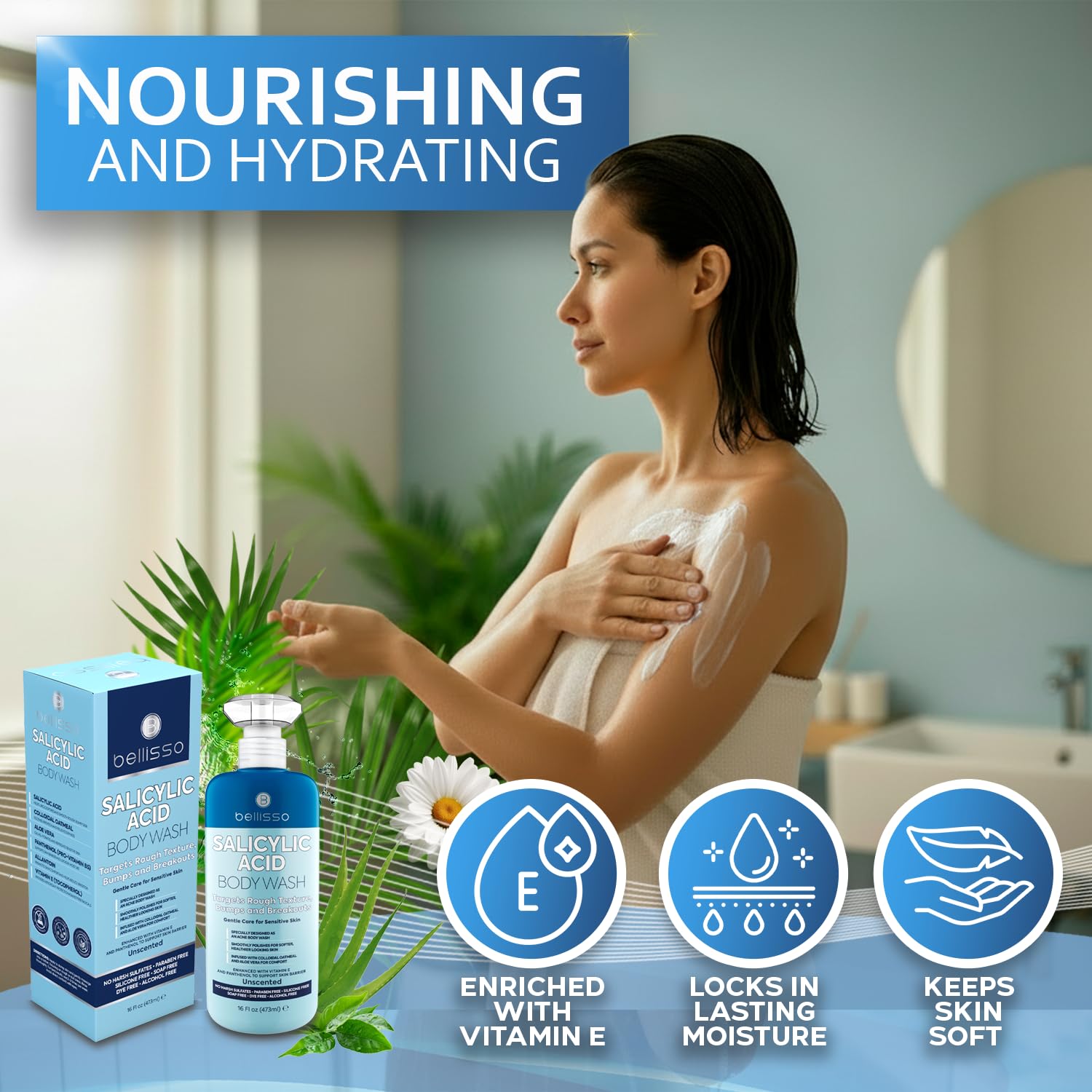BELLISSO Salicylic Acid Body Wash - Men's and Women's Exfoliating Liquid Soap for Back Acne and KP - For Oily and Sensitive Skin - Sulfate Free Formula - 16 Fl Oz
