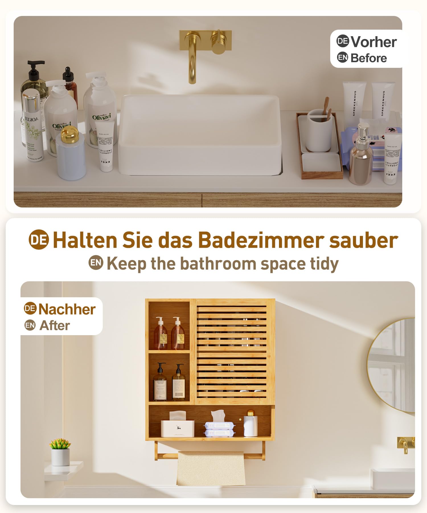 Yorbay Meuble Haut Salle de Bain, Meuble Mural en Bambou avec Porte-Serviettes et Compartiment Ouvert, Armoire Pharmacie à Une Porte pour Salle de Bain et Cuisine, 20 x 56 x 70 cm (Couleur Bambou)