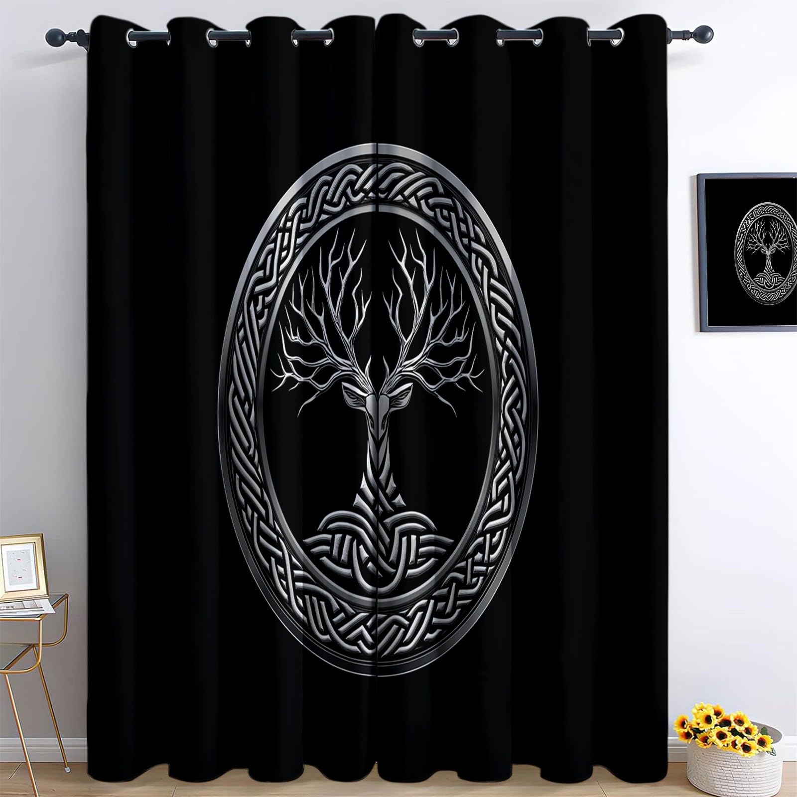 Blackout Curtains 46” W x 90” L Celtic Knot Tree Of Life Print 3D Eyelet Thermal Insulated Polyester Blackout Curtain For Kids Boys Girls Bedroom Kitchen Playroom, Set Of 2 Panels