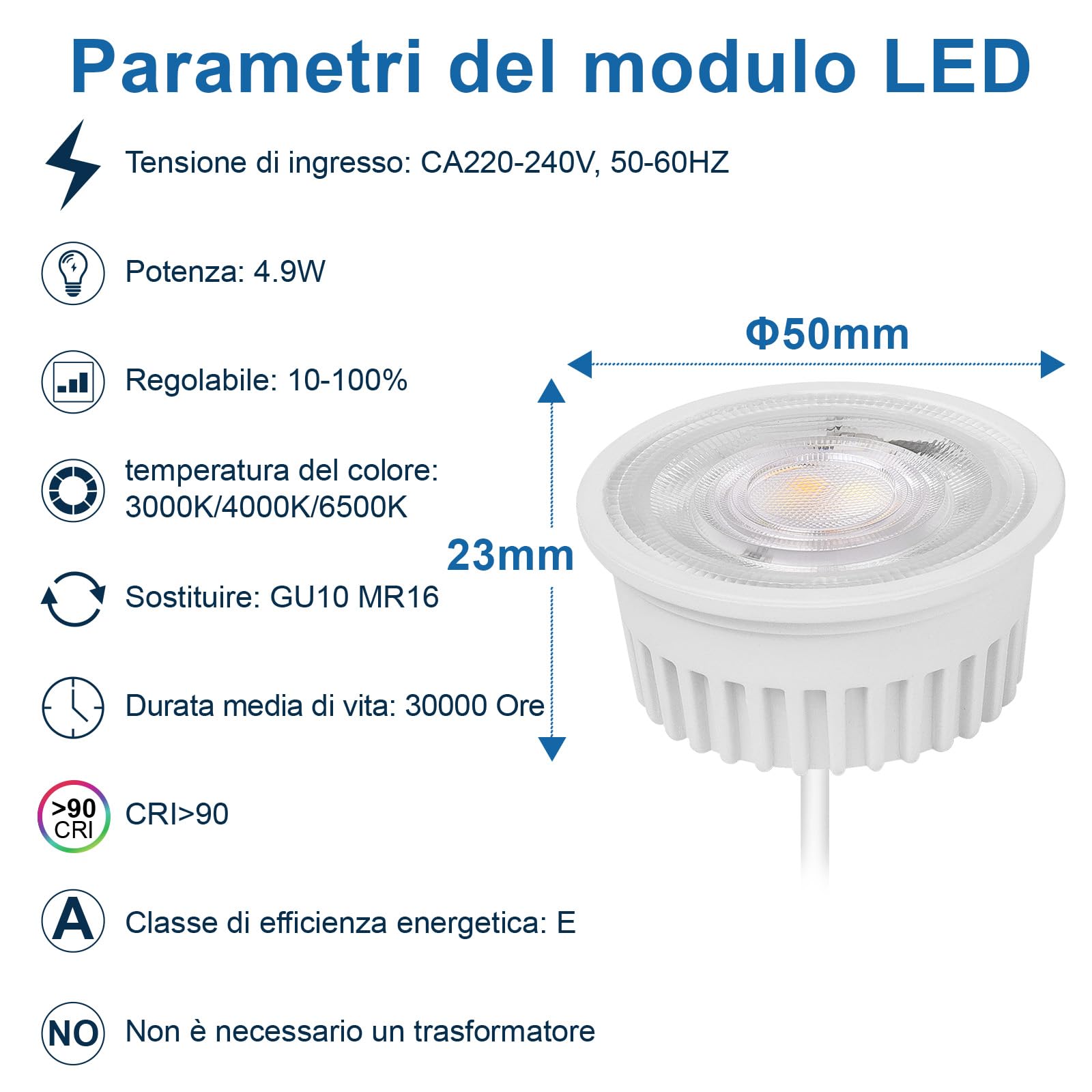 YindaLux 10x Modulo LED 3CCT 230V - 4,9W 500LM 38° Angolo di Fascio per Faretti da Incasso - 3000K/4000K/6000K Dimmerabile - Sostituisce la Lampadina GU10 MR16 - Impermeabile IP44