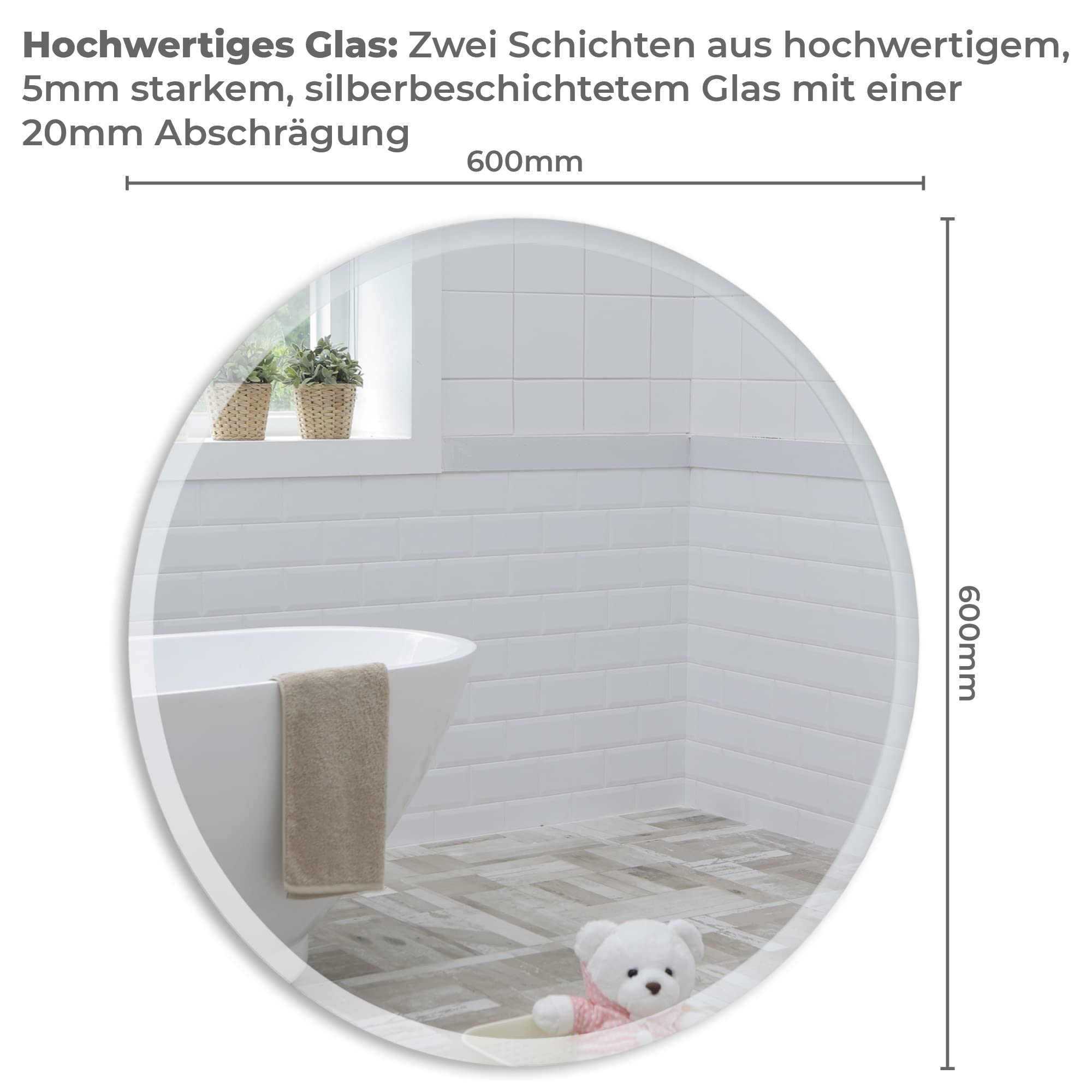 Mood® Runder Premium-Badezimmerspiegel | Wandmontage | abgeschrägter, rahmenloser Spiegel | für Toilette, Gäste-WC, Schlafzimmer, Flur (60 cm x 60 cm)