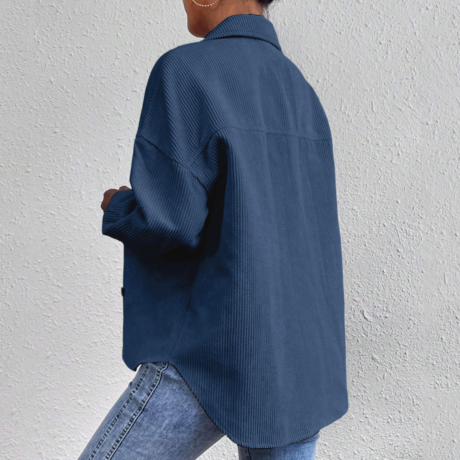 Cardigan bleu marine surdimensionné en velours côtelé pour femme, veste chemise à manches longues, couleur unie, boutonnée sur le devant, coupe décontractée, manteau décontracté en velours côtelé pour