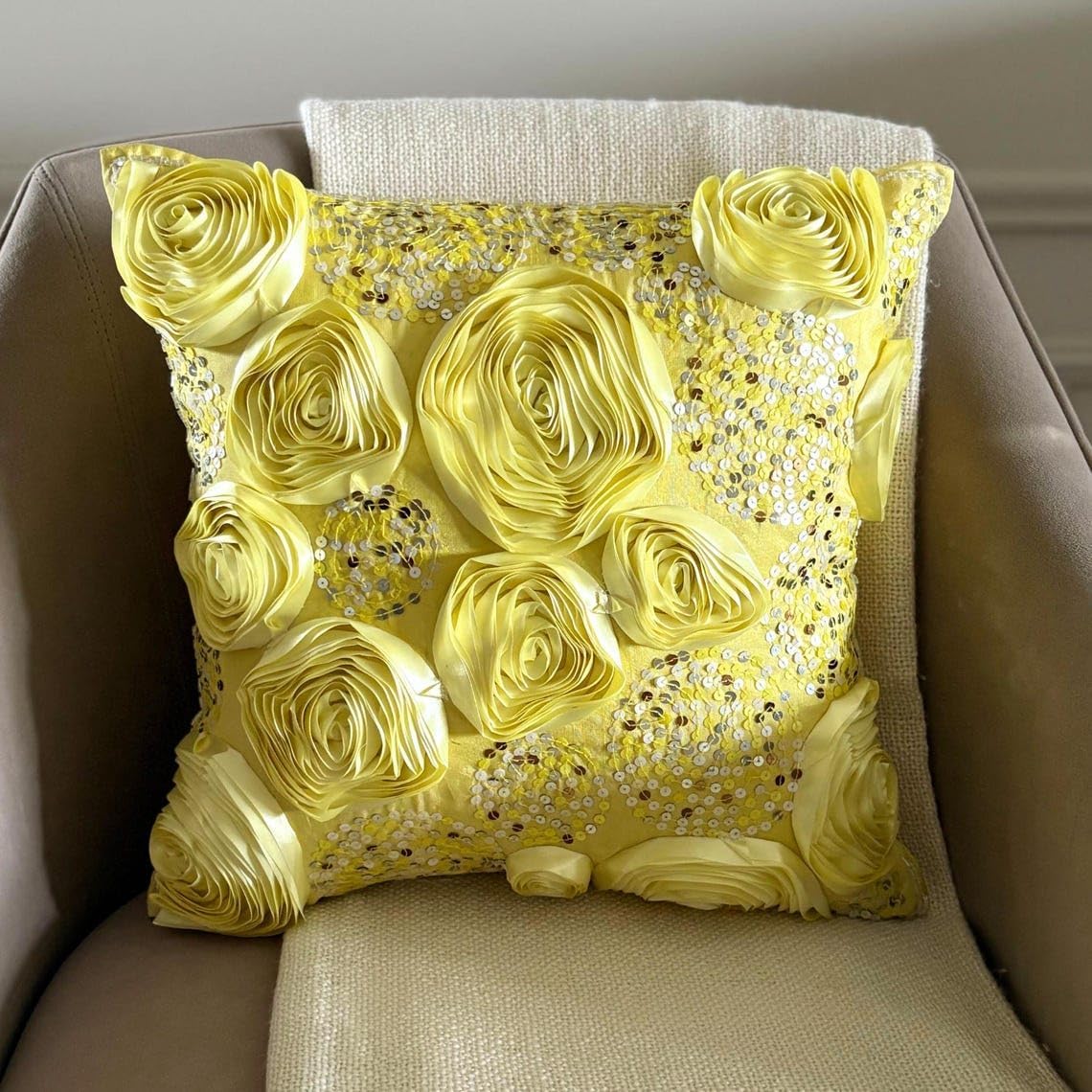 The HomeCentric Chair Cushion Cover, Yellow European Pillow Covers 26x26 inch (65x65 cm) Silk Euro Pillow Cases, Nature & Floral, Roses, Ribbon Embroidery, Modern Euro Sham - Creamy Yellow Roses